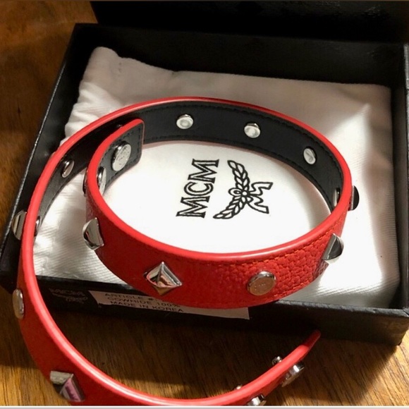 MCM Rockstar Dual Choker Necklace & Double Wrap Bracelet Red Leather Double Snap - Picture 4 of 14